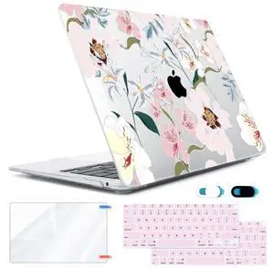HOHAIYOO Compatible with MacBook Air 13 inch Case 2022 2021-2018 A2337 M1 A2179 A1932 Retina Display with Touch ID, Plastic Hard Shell Case+Keyboard Cover+Screen Protector+Webcam Cover, Pink Floral