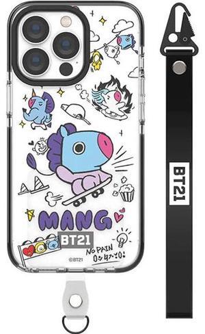 BT21 Doodle Smart Tab Clear Line Case Compatible with iPhone 13 Pro Max 6.7 Inch, Durable Full Body Protection, with Strap, Raised Lip (Screen & Camera Protection) [Official Product] (MANG)