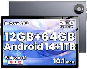 Hzvopmr Android Tablet, 10.1 inch Android 14 Tablet, Octa-core CPU, 1 Years Protection, RAM 12GB, ROM 64GB (Up to 1TB), 800x1280 Resolution, WiFi 6 & Bluetooth 5, Dual Speakers