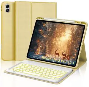 IVEOPPE Keyboard Case for Xiaomi Redmi Pad Pro 12.1 Inch 2024/Xiaomi Poco Pad 12.1", 7 Colors Backlit, Detachable Bluetooth Wireless Keyboard Slim PU Stand Cover with Pencil Holder,Yellow