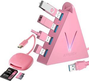 USB C SD Card Reader, Compact for iPhone 15, iPad Pro, MacBook +FlyingVHUB 4-Port USB 3.0 Hub, Pink, Extended Cable