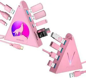 Pink FlyingV 4-Port USB-A 3.0 Hub + Pink Wolf 8-in-1 USB-C Hub with 4K HDMI, 100W Power Delivery, 5Gbps USB-C, 3 USB-A Ports, SD/TF Card Slots & RGB Lighting for PC, iMac, MacBook, Mac mini