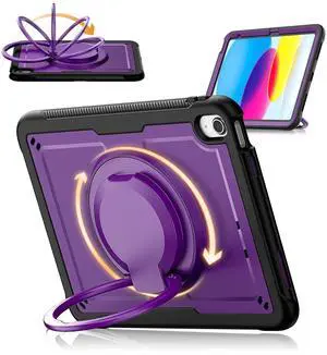 KAIJIAbox Case Compatible with iPad (A16) 11th 2025,10th Generation 10.9 Inch 2022,Full Body Drop Case,360deg Roating Handle Stand,Shoulder Strap&Pencil Holder(Purple)