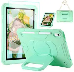 Case for iPad (A16) 2025 11th Gen 10.9'', iPad 10th Generation 2022 10.9'', with Tempered Glass Screen Protector, Rugged Kid Case with Shoulder Strap/Pencil Holder/Folding Stand (Mint Green)