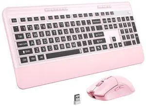 KOPJIPPOM Silent Wireless Keyboard and Mouse Combo - Keyboard with Large Print Cover, 2.4GHz Full-Sized Ergonomic Keyboard with Wrist Rest and Rechargeable Mouse for Laptop, PC, Notebook, Desktop