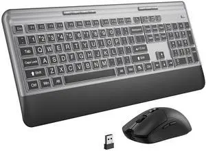 KOPJIPPOM Silent Wireless Keyboard and Mouse Combo - Keyboard with Large Print Cover, 2.4GHz Full-Sized Ergonomic Keyboard with Wrist Rest and Rechargeable Mouse for Laptop, PC, Notebook, Desktop