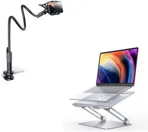 Lamicall Bundle Set Phone Holder Bed Gooseneck Mount+Adjustable Laptop Stand, Portable Laptop Riser