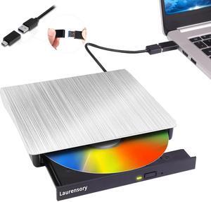Laurensory External DVD Drive USB 3.0 Type-C USB Portable Player for Laptop CD DVD +/-RW Disk Drive CD ROM Burner Writer CD/DVD Burner Compatible with Desktop Windows Linux OS Apple MacBook, Silver