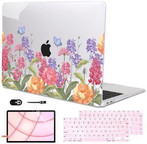 LCMOCICO for MacBook Air 13 inch M1 Case 2021 2020 2019 2018 (Model M1 A2337 A2179 A1932) with Touch ID & Retina Display, Printed Pattern Hard Shell Case Keyboard Cover, Pink & Purple Flowers