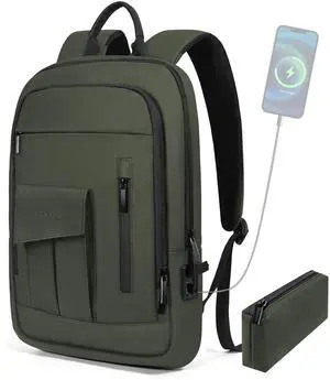 Business Backpack for Men Slim Lightweight Laptop Backpack Water Resistant Small Office Backpack for Commute Travel Daily Office Work with Small Bag(Green)