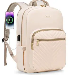 LOVEVOOK Laptop Backpack for Women 15.6 inch,Cute Womens Travel Backpack Purse,Professional Laptop Computer Bag,Waterproof Work Business College Teacher Bags Carry on Backpack with USB Port,Off-white