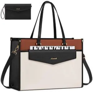 LOVEVOOK Laptop Bag for Women, 17.3'' Laptop Tote Purse 2-in-1 Professional Work Bag Business Briefcase with Clutch Purse, Waterproof Leather Computer Handbag for Teacher Office Travel