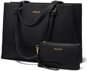 LOVEVOOK Laptop Tote Bag for Women 15.6 Inch Work Bag Leather Laptop Purse with Clutch, Large Computer Briefcase Bag for Office Business Teacher Black
