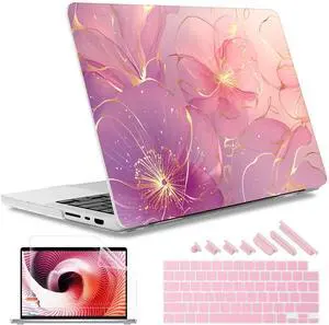 May Chen for MacBook Pro 14 inch M3 M2 M1 Chip (Models: A3401 A3185 A2918 A2995 A2779 A2442) 2021 2022 2023 2024 Release, Bow Print Hard Shell Case wtih Keyboard Cover, Pink Flowers
