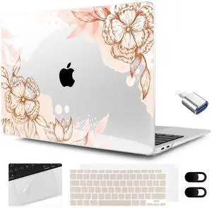 MEEgoodo for MacBook Air 13.3 inch Case 2021 2020 2019 2018 A2337 M1 A2179 A1932,Clear Case for MacBook Air M1, Laptop Shell with Keyboard Webcam Cover & Trackpad Film & Type C Adapter,Floral Elements