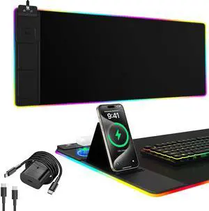 Mouse Pad with Phone Holder, Wireless Charging Desk Mat, RGB Gaming Mousepad Home Office Large Desk Pad with Ultra-Smooth Surface, Non-Slip Base, Waterproof Keyboard Pad,Black with 20W USB C Charger
