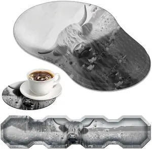 Ergonomic Mouse Pad with Wrist Support and Keyboard Wrist Rest Set + Coaster,Cute Mouse Pads Non Slip Rubber Base Mousepad for Computer Laptop Home Office Working Gaming,Highland Cow Ox Cattle