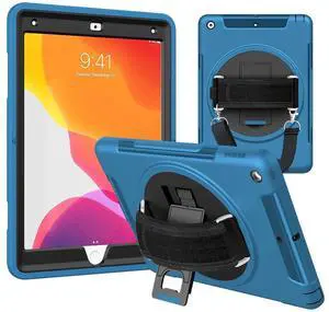 iPad 6th Generation Cases with Bonus Screen Protector - iPad 9.7 Inch 2017 2018 Case Cover - Heavy Duty Three Layer Full-Body Rugged, Hand Strap, Shoulder Strap, 360 Rotatable Kickstand (Blue)