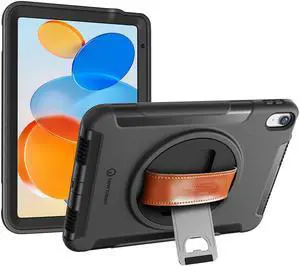 New Trent Original Rugged iPad Case for iPad 11 (A16) 11-inch (2025) & iPad 10th Gen 10.9-inch (2022) | 360deg Rotating Kickstand, Genuine Leather Hand Strap, Built-in Screen Protector (Black)