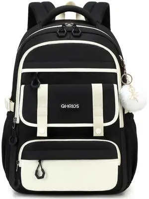 QHRIDS School Backpack for Girls, Laptop Backpack 15.6 Inch Kids Elementary Middle High School Bag Anti Theft Cute College Bookbags for Teens Girls Women Students Casual Travel Daypack,Black Beige