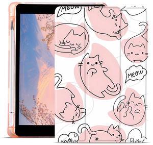 JOYLAND Compatible with iPad Air 6 2024/iPad Air 5 2022/iPad Air 4 2020 with Pencil Holder, Kawaii Cats Pink TPU Back Trifold Stand Smart Case, Auto Wake/Sleep Anti-Slip Protective Case Cover