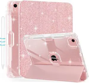 iPad Air 11 Inch Case 2024, iPad Air 5th/4th Gen Case 2022/2020 10.9 Inch with Pencil Holder, Auto Wake/Sleep, Sparkly Glitter Trifold Stand Leather Cover with Shiny Clear TPU Back, Rose Gold