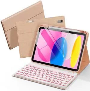 Senyoson Folio Keyboard Case for iPad 10th Gen 10.9 inch (2022) and iPad 11th (A16, 2025), Magnetic Wireless Detachable Keyboard, 7-Color Backlight, Thin & Light, Pencil Holder (Pink)