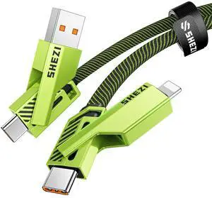 SHEZI 4-in-1 USB C Cable 60W 5FT Lightn-ing Cable Fast Charging [480Mbps Data Transfer] Flat Nylon Braided Charger Cord Wire Combo with Lightn-ing/USB C/USB A Port for iPhone/iPad and More, Green