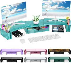 Spacrea Metal Desk Organizers and Accessories, Dual Monitor Stand Riser with Drawer and 2 Pen Holders, Desk Accessories & Workspace Desktop Organizers for Office Supplies (Blue)