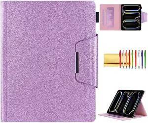 Glitter Case for iPad Pro 11-inch (M4) 2024 5th Generation, Techcircle Folio Stand Smooth Bling PU Leather Soft TPU Back Smart Cover with Pencil Holder & Card Pocket, Auto Sleep/Wake, Shiny Purple
