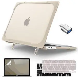 Teryeefi Heavy Duty Case for 2018-2020 MacBook Air 13 inch A2337 M1 A2179 A1932, Shockproof Fold Kickstand Function Hard Shell with Keyboard Cover & USB C Adapter, Beige Stone