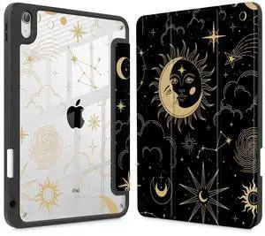 Tuiklol for iPad 10.2 case 2021 Gen 9th Release Built in Pencil Holder - Trifold Stand-Auto Wake/Sleep TPU Protection Stand Clear Back Cover for 2020 2019 [8th/7th] Case, Moon and Star