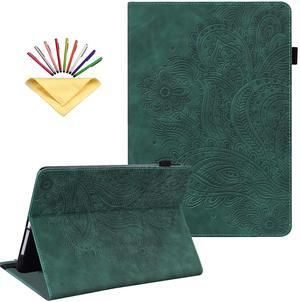 UUcovers Kindle Fire HD 8 8th/7th/6th Generation Case 2016/2017/2018 with Pencil Holder Elastic Band Embossed Pattern PU Leather Multi-Angle Stand Folio Wallet Shockproof Cover, Floral Green Peacock
