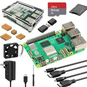 Vemico Rasberry Pi 5 8GB Kit with Pi5 8GB Board,64GB Card Readers Kit,Pi 5 Case,27W 5.1V5A USB-C Power Supply,Copper Heatsinks 4pcs,Cooling Fan,Dual 4K Micro HD Out Cables