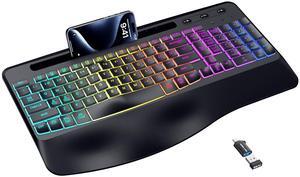 VEILZOR Wireless Keyboard with Wrist Rest, 2.4G Wireless Ergonomic Keyboard, 7-Color & 3 RGB Backlit Modes, Phone/Tablet Holder, Rechargeable Computer Keyboard for Windows, Mac, Computer, PC