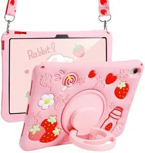 Vulxogo for iPad 10th Case 2022 10.9 Inch/for iPad (A16) 11th Generation 11" 2025 - for Girls Teens Strawberry Soft Silicone Cute with Shoulder Strap & Rotating Stand for Women Girls Girly Teens Cover
