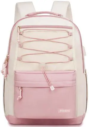 WINDARS School Backpack for Teens Girls, Aesthetic College Backpack Large Bookbag for Women Students Fashion 15.6 Inch Laptop Bag for Work Travel (Pink Beige)