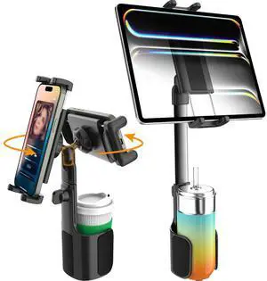 Wukanleng Car Cup Holder Tablet Mount, Tablet Holder for Car Bottle with Stabilize Metal Telescopic Arm for Car SUV Truck Hand Free Compatible with iPad Pro 12.9 Air Mini, Galaxy Z, 4-13" Devices