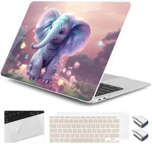 Yebiseven for M1 MacBook Air 13 inch Case 2021 2020 2019 2018 Model A2337/A2179/A1932, Laptop Hard Shell Case with Keyboard Cover & Trackpad Protector & 2 OTG Adapters, Lovely Elephant