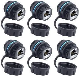 YIOVVOM RJ45 CAT6 Panel Mounting Shielded Waterproof Connector Cat5/5e/6 Female to Female 8P8C Ethernet LAN Cable Coupler Double Head Adapter with Waterproof/Dust Cap 6PCS