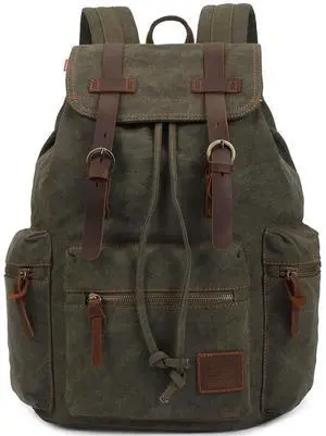 YOUNXSL Canvas Vintage Backpack PU Leather Casual Bookbag Men Women Laptop Travel Rucksack Green