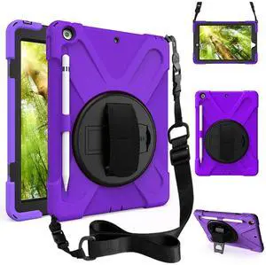 ZenRich Shockproof Case for iPad 9th/8th/7th Generation 10.2 inch 2021/2020/2019, Heavy Duty Rugged Case with Pencil Holder/360deg Rotating Kickstand/Handle/Carrying Strap, Purple