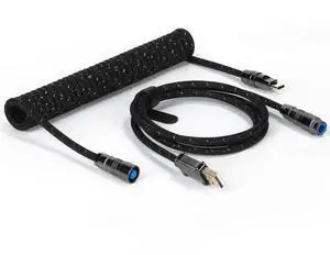 ZIYOU LANG C05 Custom Coiled USB C Cable with Metallic Sequin Double Weave Nylon Braided Cord Detachable CNC Metal Aviator Spiral Line for Charging Smartphone Connecting RK Keyboard PS4 Switch(Black)
