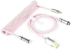 ZIYOU LANG C05 Custom Coiled USB C Cable with Metallic Sequin Double Weave Nylon Braided Cord Detachable CNC Metal Aviator Spiral Line for Charging Smartphone Connecting RK Keyboard PS4 Switch(Pink)