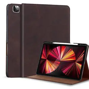 Gexmil Leather Cover for iPad Pro 12.9 Inch 6th/5th/4th/3rd Generation(2022/2021/2020/2018) Genuine Leather Folio Cover Shockproof with Pencil Holder,Auto Sleep/Wake,Sanded Brown