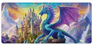 ANMOGID Dragon Gaming Mouse Pad with Stitched Edges, Dragon Desk Mat for Home Office, Anti-Slip, Fantasy Blue Wing Dragon Castle Desk Pad Keyboard Pads Medieval Animals 40x90cm