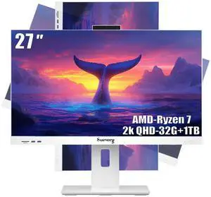 suevery 27Inch2560×1440 All-in-One Office Desktop Computer | 27" 2K QHD Business All in One PC | Ryzen 7 5700G 8Core Up to 4.6G |32GB RAM | NVMe 1TB SSD | Wi Fi 6, Mouse and Keyboard Included Home