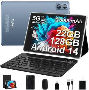 Dghrti 2025 Android 14 Tablet 10 inch, 22G RAM+128G ROM/1TB Expansion, 8000 mAh Battery, Octa-Core, 1280 * 800 IPS HD Screen, Face Unlock, Widevine L1, 2 in 1 Tablet with Keyboard Mouse - Metal Gray