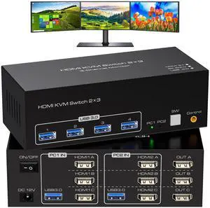 ATLAHET 8K HDMI KVM Switch 3 Monitors 2 Computers 8K60Hz 4K120Hz USB 3.0 KVM Switches Triple Monitor 2 Ports Share 1 Set of Keyboard Mouse Printer Scanner Between Two PC with Wired Controller