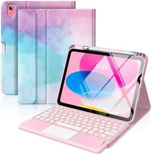 MoKo Touch Keyboard Case for iPad (A16) 11th Generation 11 inch 2025, iPad 10th Generation 10.9 inch Case with Pencil Holder, 7 Colors Backlit Multi-TrackPad Detachable Bluetooth Keyboard, Water Color